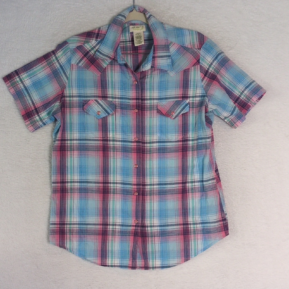 Wrangler Men's Blue & Pink Plaid Snap Button Western Shirt Size M